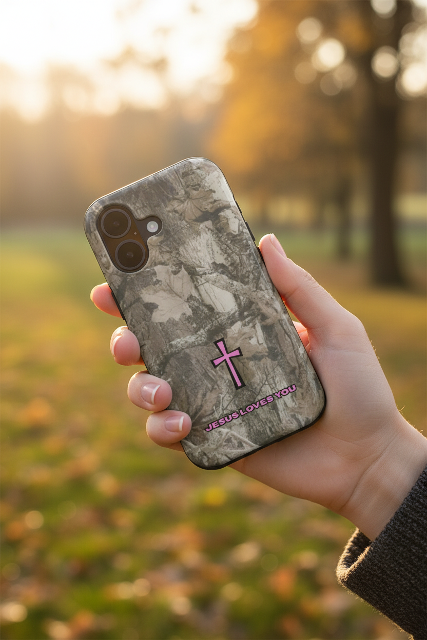 In-hand lifestyle photo of Jesus Loves You Camo Pink phone case