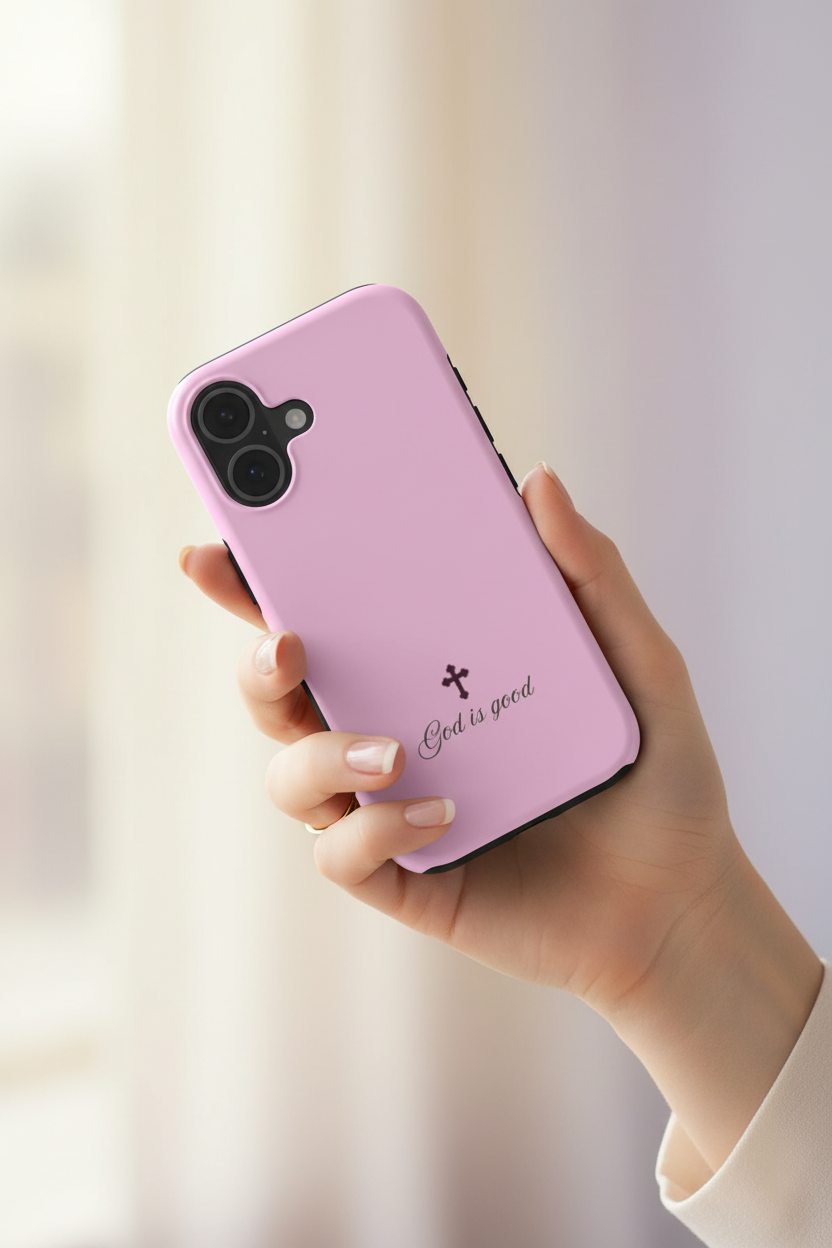 In-hand lifestyle photo of God Is Good Pink phone case