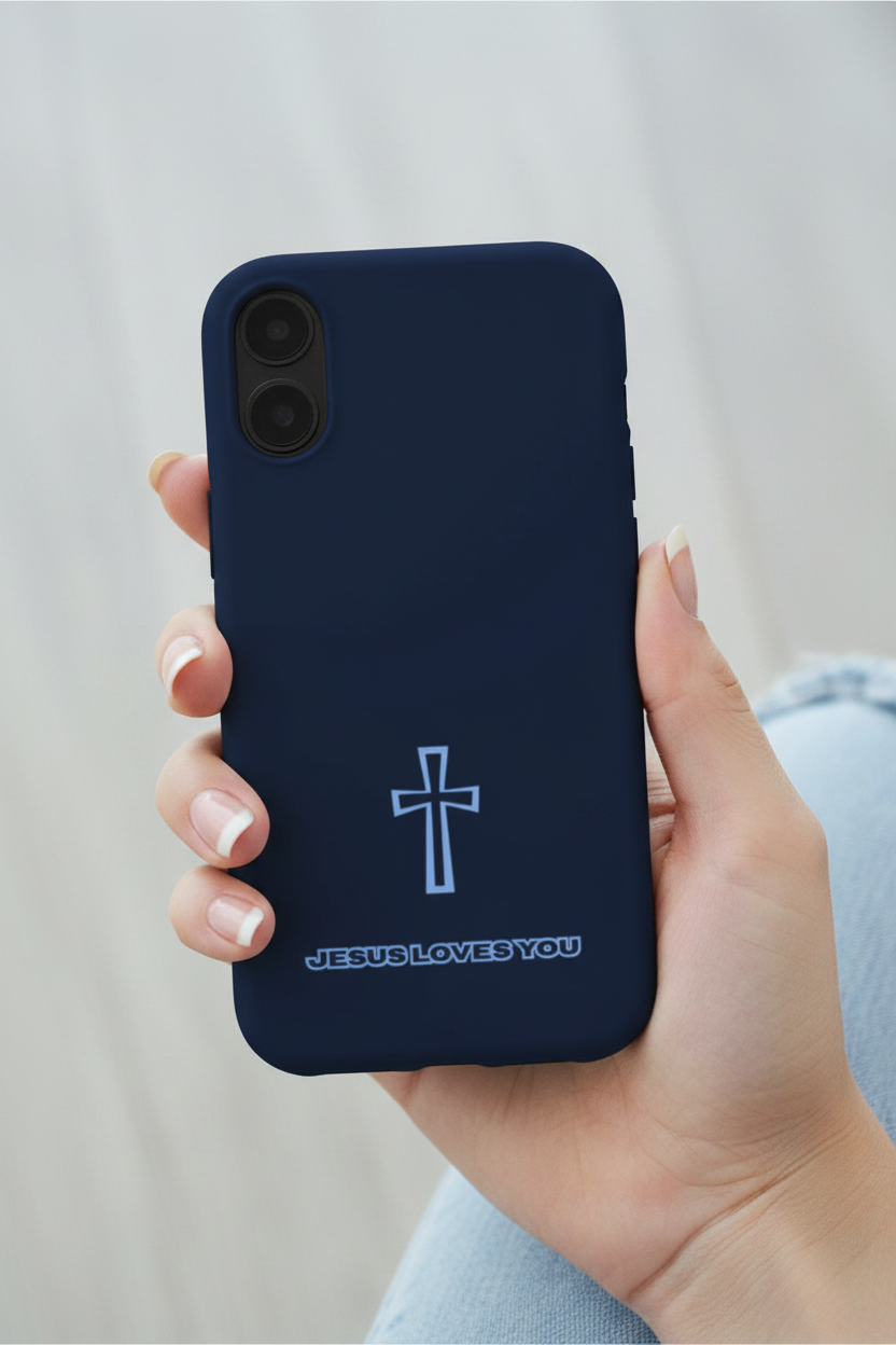 In-hand lifestyle photo of Jesus Loves You Blue phone case