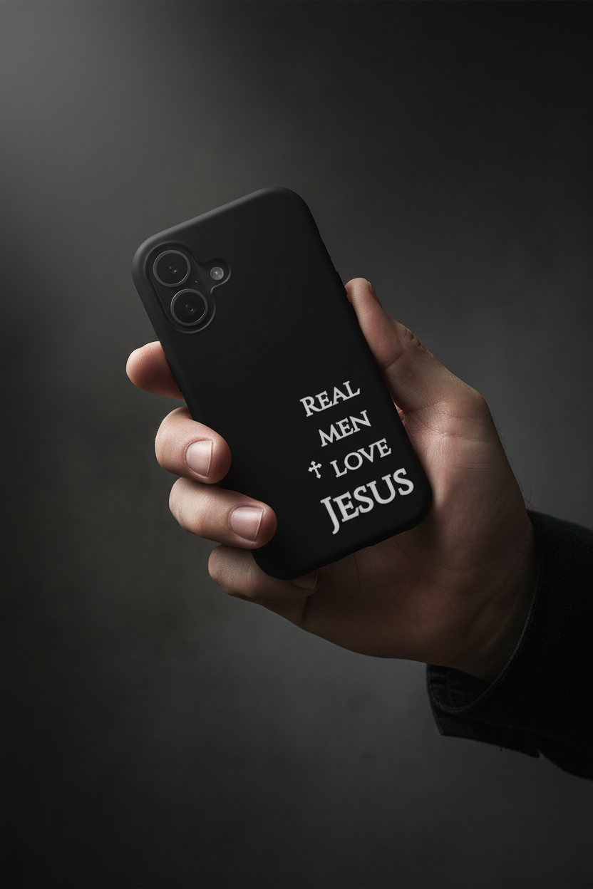 In-hand lifestyle photo of Real Men Love Jesus Black phone case