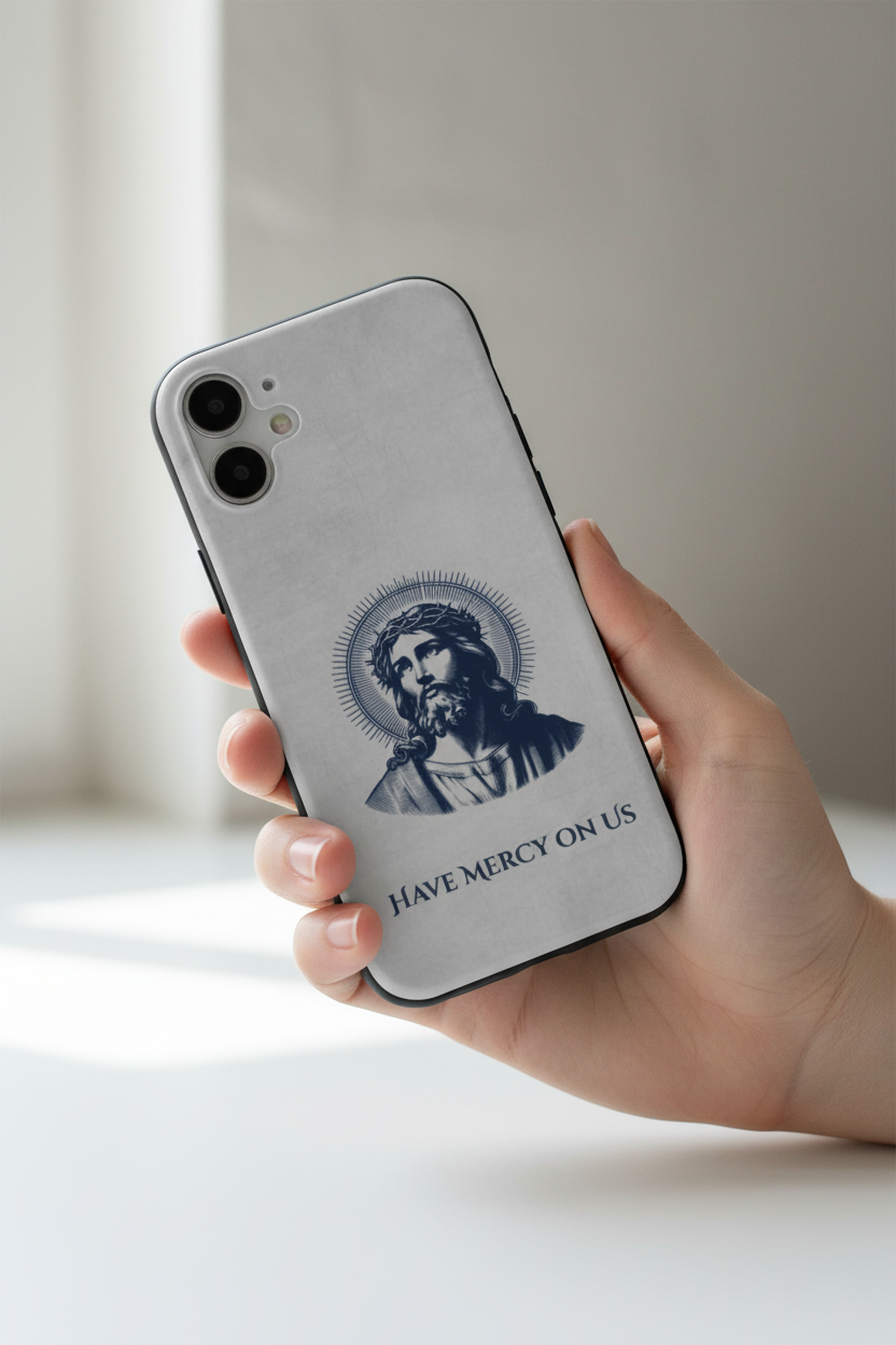 In-hand lifestyle photo of Jesus Christ Blue phone case