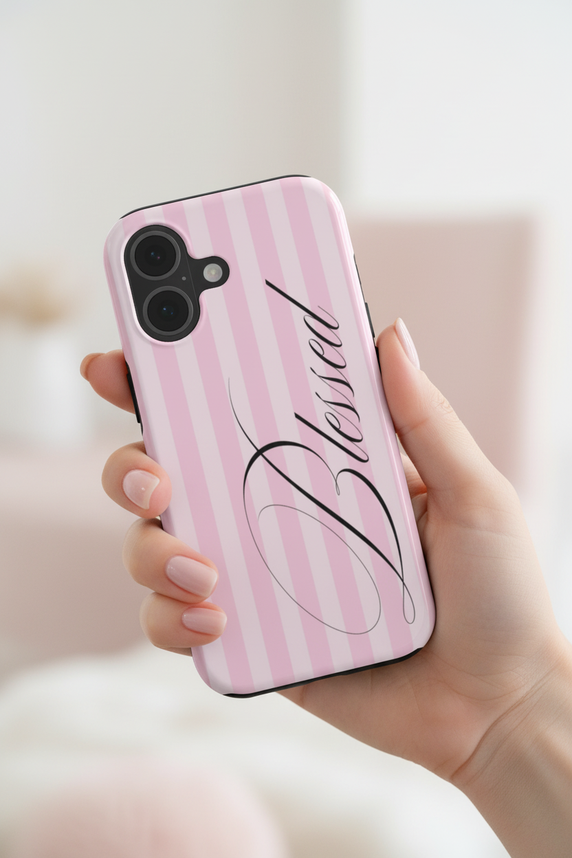 In-hand lifestyle photo of Blessed Pink Stripes phone case