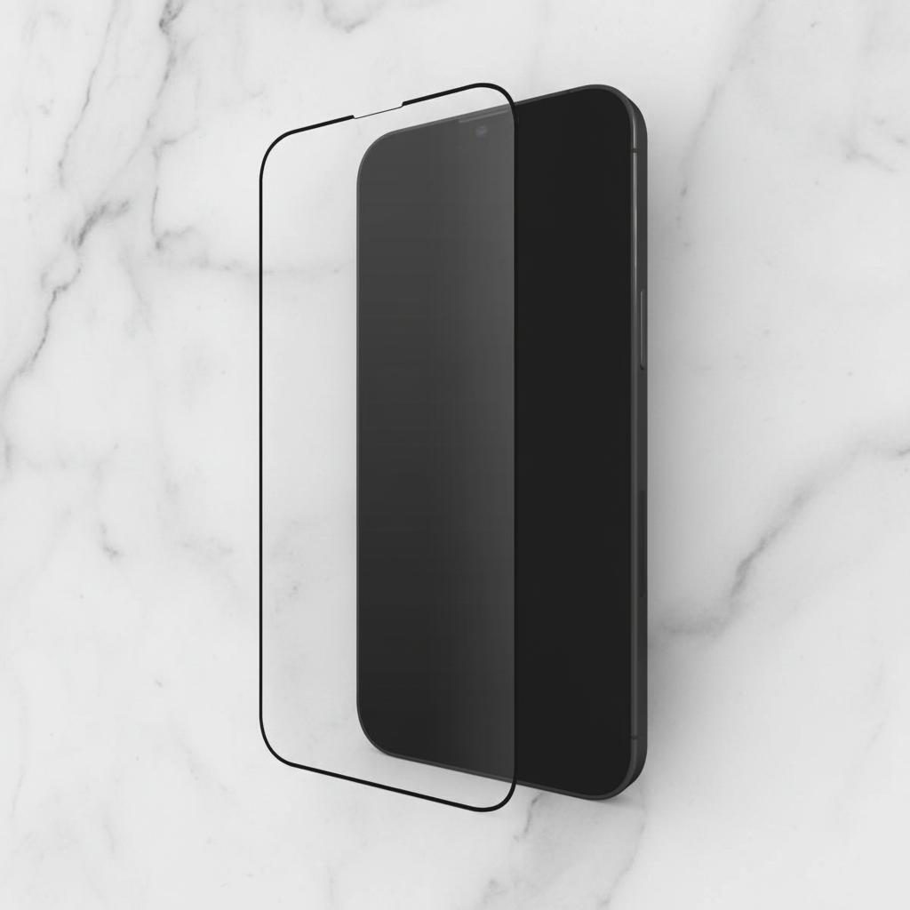 Flat lay of tempered glass screen protector beside an iPhone on white marble