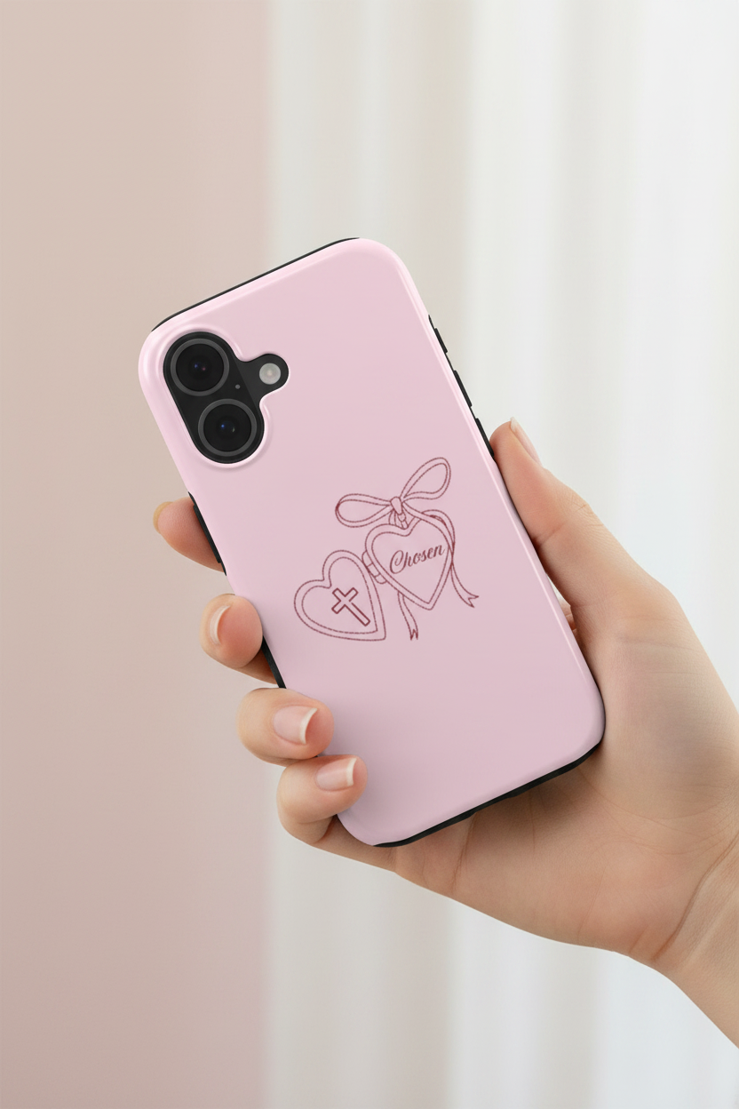 In-hand lifestyle photo of Chosen Pink phone case