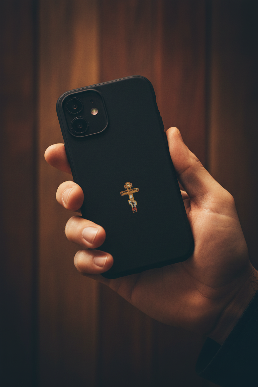 In-hand lifestyle photo of Crucifix Black phone case