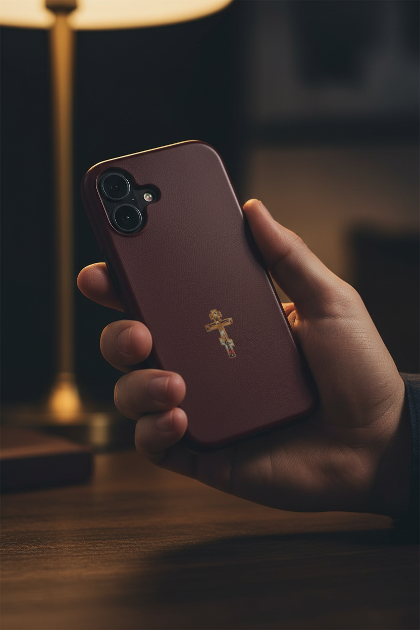 In-hand lifestyle photo of Crucifix Maroon phone case