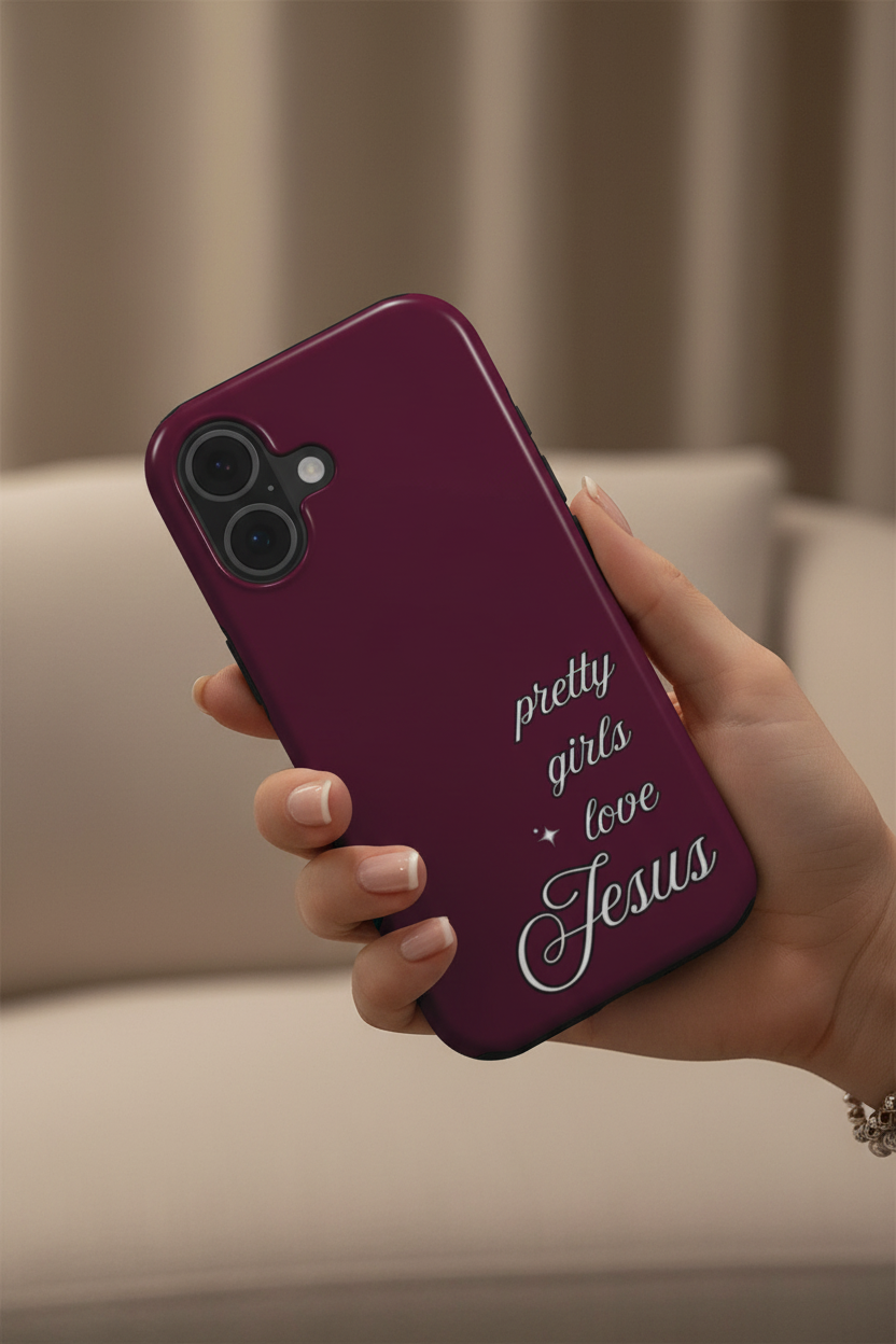 In-hand lifestyle photo of Pretty Girls Love Jesus Burgundy phone case
