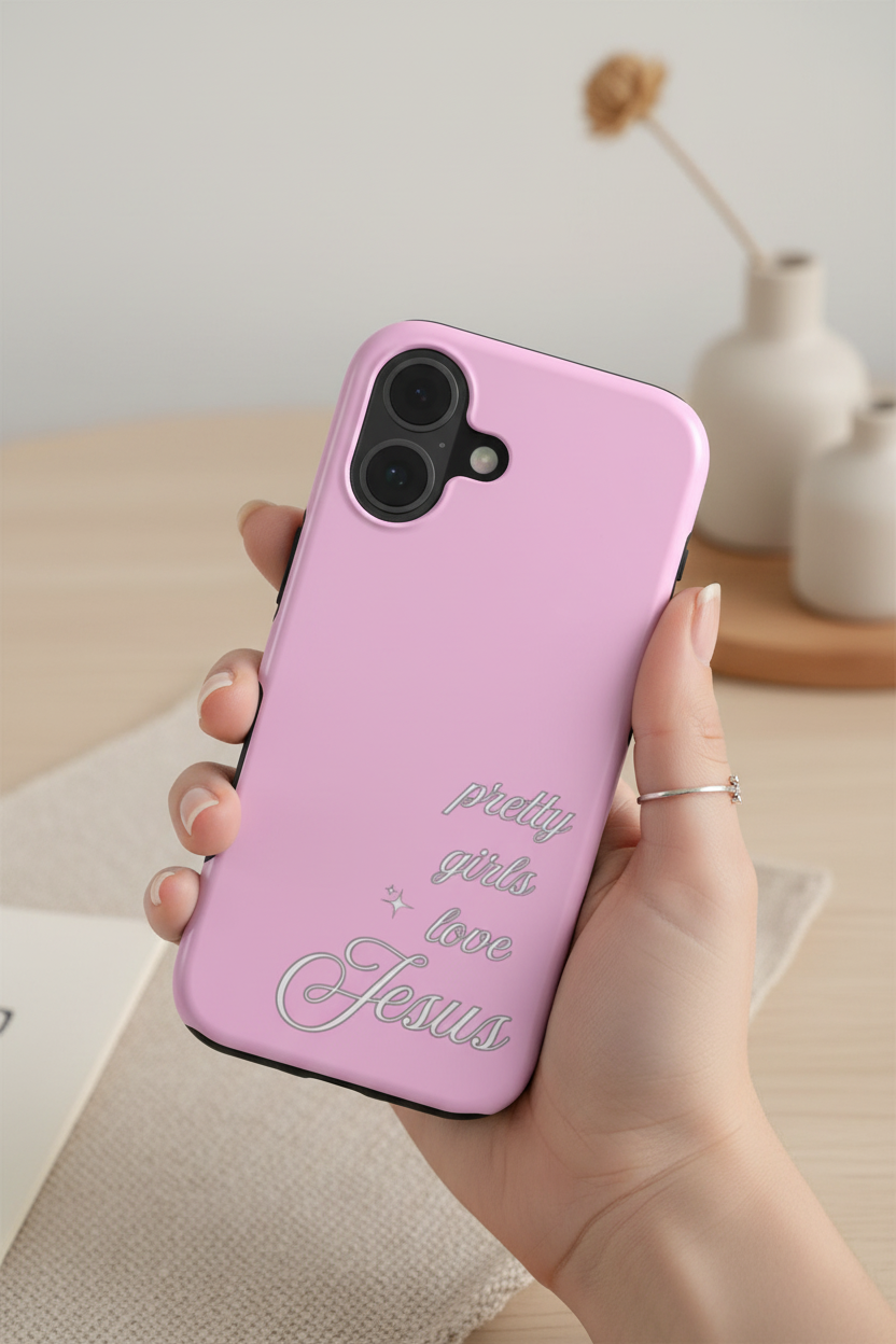 In-hand lifestyle photo of Pretty Girls Love Jesus Pink phone case
