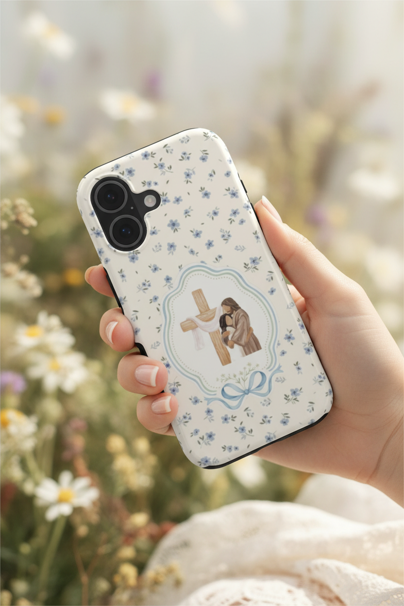 In-hand lifestyle photo of In Jesus Hands Flowers phone case