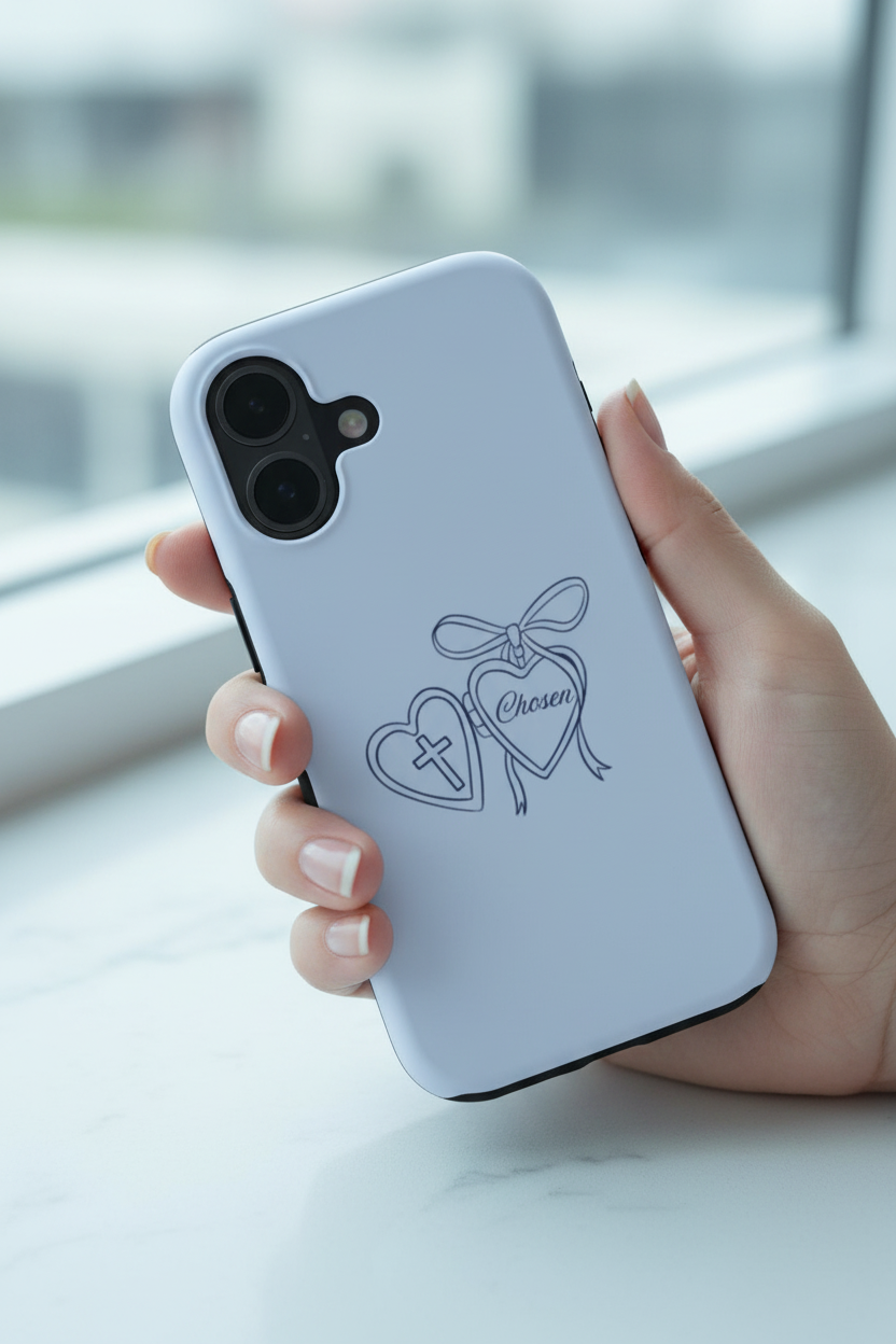 In-hand lifestyle photo of Chosen Blue phone case