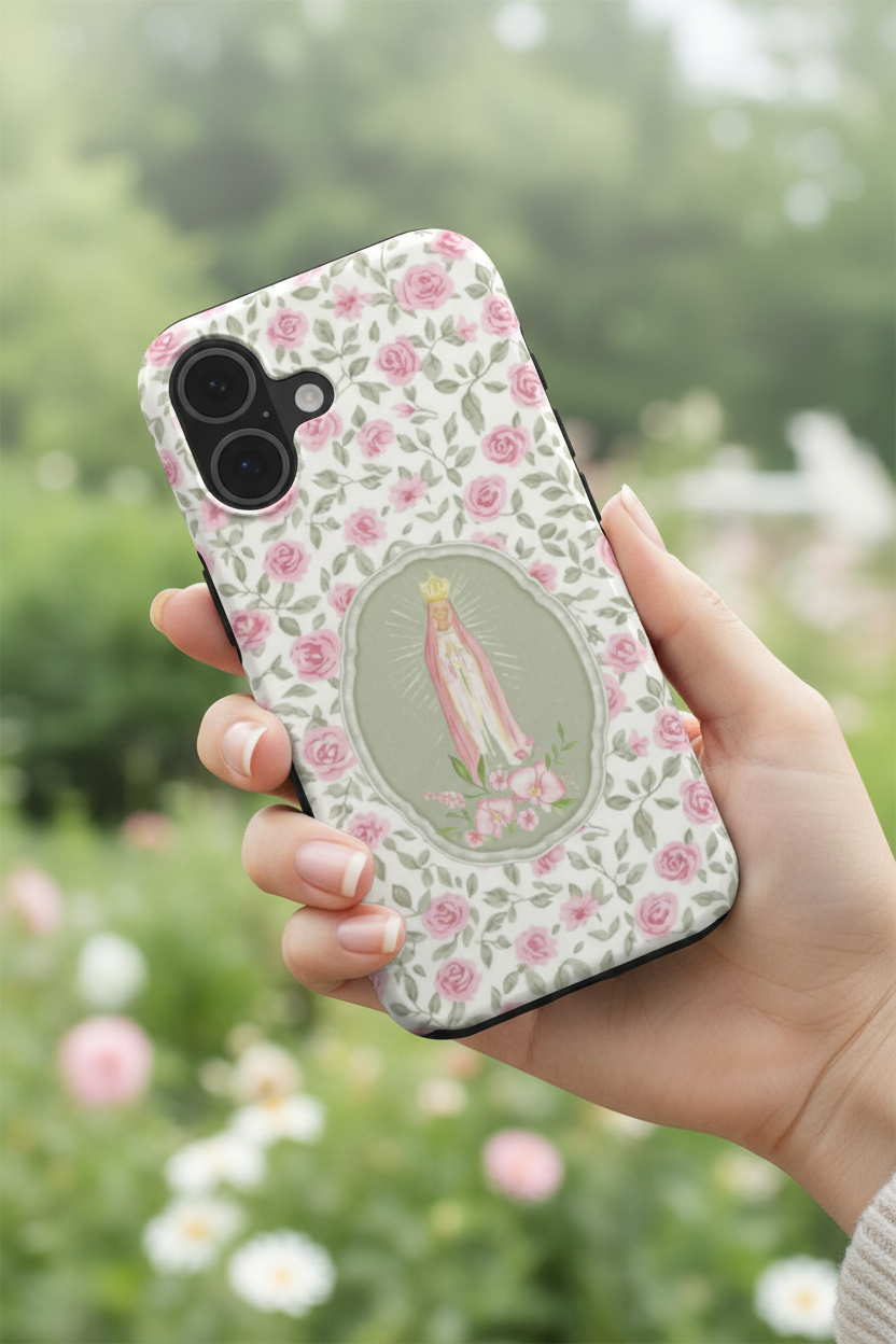 In-hand lifestyle photo of Mother Mary Flowers phone case