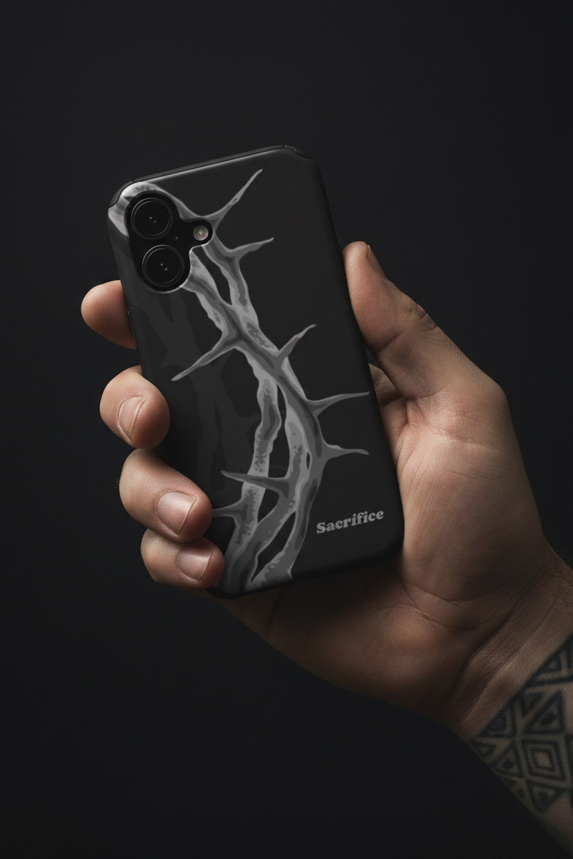 In-hand lifestyle photo of Crown of Thorns Black phone case