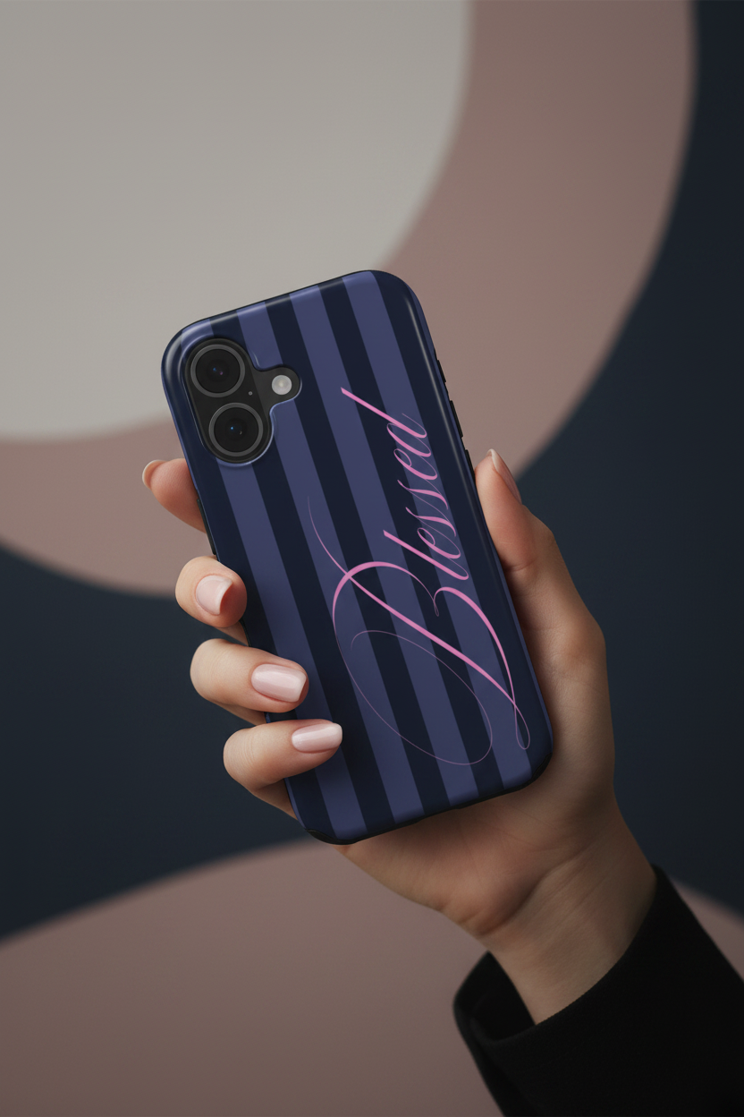 In-hand lifestyle photo of Blessed Blue Stripes phone case