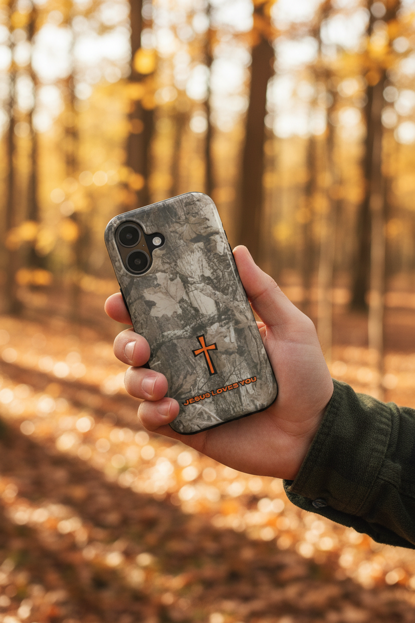 In-hand lifestyle photo of Jesus Loves You Camo Orange phone case