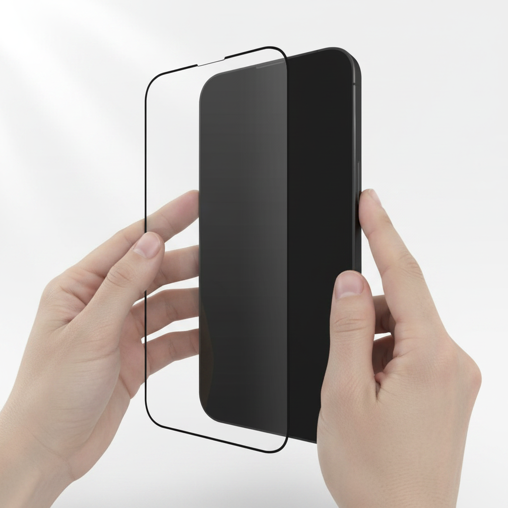 Hands applying a tempered glass screen protector to an iPhone