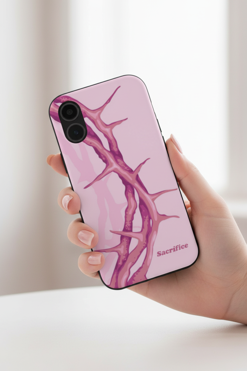 In-hand lifestyle photo of Crown of Thorns Pink phone case