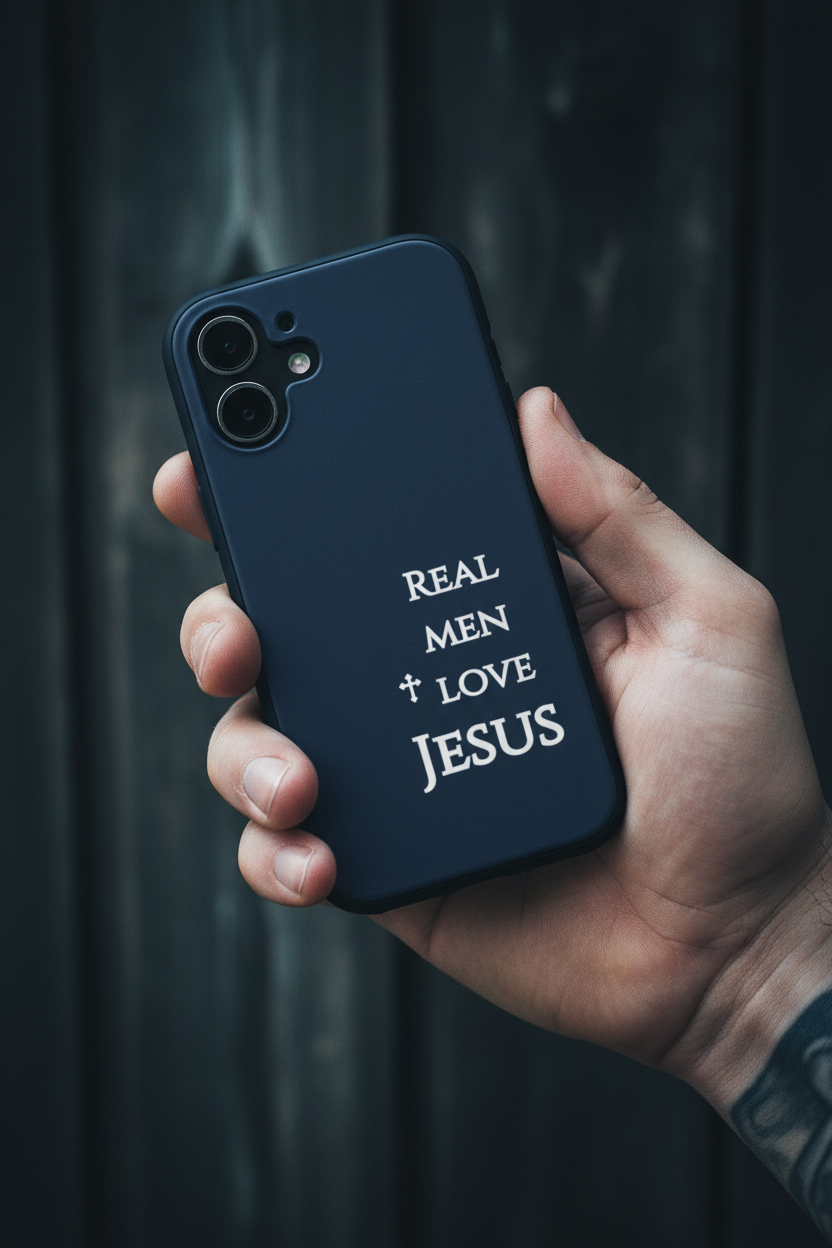 In-hand lifestyle photo of Real Men Love Jesus Navy Blue phone case