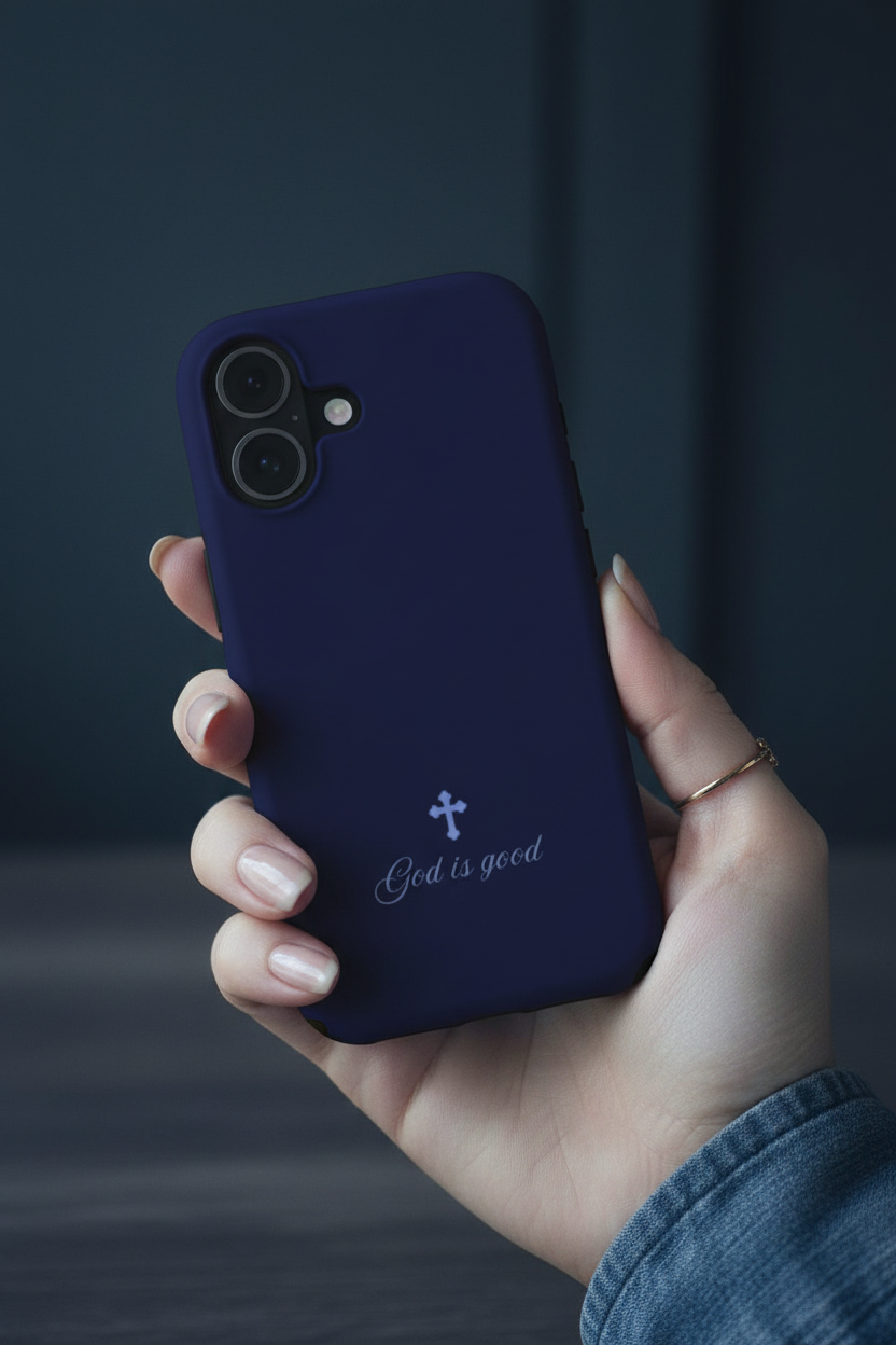 In-hand lifestyle photo of God Is Good Navy Blue phone case